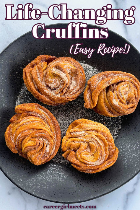 OMG, Cruffins is a hybrid of a muffin and a croissant. This homemade from scratch, easy recipe is insanely delicious! You'll need crescent roll dough (not puff pastry), cinnamon, sugar, and, of course, butter. Bake them to perfection in a muffin tin. Easy instructions included. As an option, you can add some OMG cream cheese frosting on top of each one. I highly recommend the frosting (recipe included), but they taste incredible on their own. These breakfast rolls are flaky and buttery!! Cream Cheese Cruffins, Puff Pastry Cruffin, Cruffins With Crescent Rolls, Cruffins With Puff Pastry, Puff Pastry Croissants, Cresent Roll Breakfast, Crescent Cinnamon Rolls, Cruffins Recipe, Puff Pastry Croissant