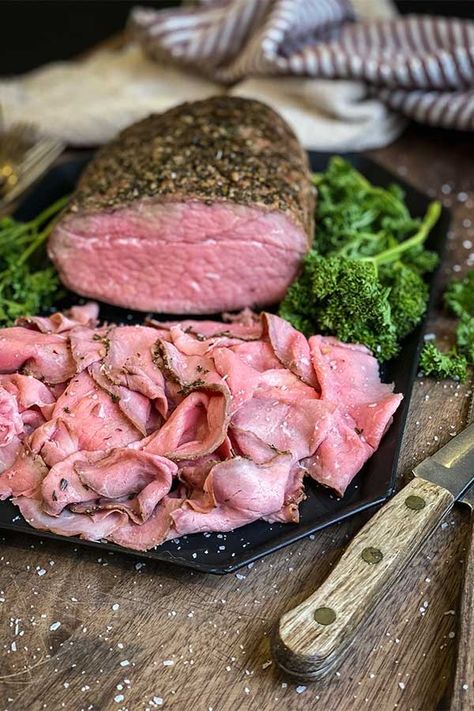 Smoked Roast Beef with Eye of Round Roast Beef - Grillseeker Smoked Pit Beef, Smoked Beef Eye Of Round Roast Recipes, Smoked Round Roast Recipes, Smoked Eye Round Roast, Smoked Beef Sandwich, Smoked Italian Beef, Smoked Eye Of Round Roast Recipes, Smoked Roast Beef Recipes, Smoked Eye Of Round Roast