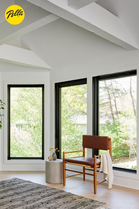 Black windows are a popular window trend, and we can see why! These beautiful windows add a bold and contemporary look to any room in your home. Ready to get started? Visit our website or showroom today! Modern Windows Design, Black Windows Exterior, Black Window Trims, Black Window Frames, Metal Windows, Pella Windows, Square Windows, Door Replacement, Team A