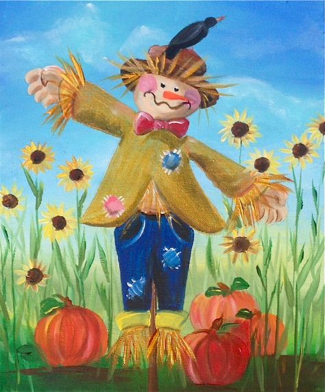 photo-84 - Coffee and Canvas Thanksgiving Paintings On Canvas, Scarecrow Painting On Canvas, Scarecrow Paintings, Scarecrow Painting, Easy Scenery Drawing, Children Drawing, Fall Canvas Painting, October Calendar, Fall Canvas