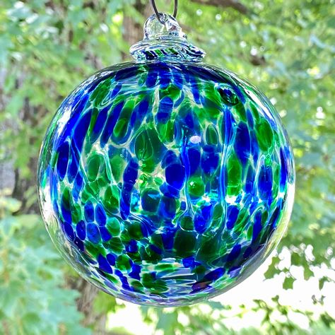 Hand Blown Glass Friendship Ball, Suncatcher, Glass Window Ornament, Gift for Home, Blue Green Tree Of Life Glass Ball, 3.93”, 10.6 oz, 26W