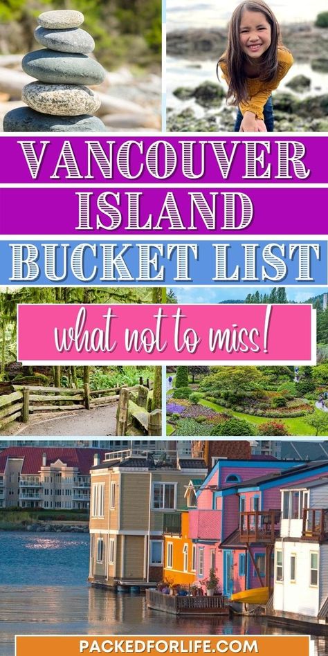 Vancouver Island Bucket List. What not to miss; stack of rocks on a beach, young girl leaning forward smiling, rocky beach in background, Butchart gardens pathway and colorful flower beds, house boats in Inner Harbour, Victoria, BC. Island Bucket List, Travel Vancouver Island, Ucluelet Bc, Vancouver Vacation, Victoria Vancouver Island, Pacific Rim National Park, British Columbia Travel, Vancouver Island Canada, Visit Vancouver