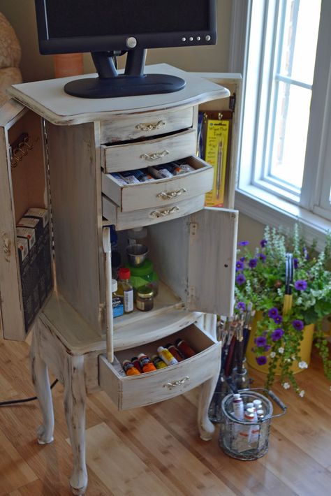 Jewelry Armoire Makeover, Armoire Repurpose, Diy Shabby Chic Furniture, Studio Makeover, Jewelry Storage Cabinet, Shabby Chic Chandelier, Chic Chandelier, Painted Jewelry Armoire, Armoire Makeover