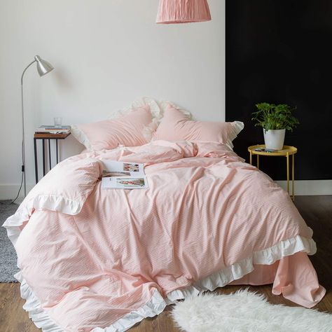 PRICES MAY VARY. 【100% Washed Cotton】: SUSYBAO pink ruffled duvet cover set made of 100% washed cotton fabric, a raw material handled by special process, that will be softer and more comfortable, breathable and durable. Soft and comfy sense of touch always gives a sweet sleep experience all night. And the thickness of the pink striped duvet cover set is suitable for all seasons. 【Romantic Pink Ruffle Duvet Cover Set】: White stripes pattern printed on romantic pink farmhouse duvet cover set, with Pink Dorm Room Decor, Ruffled Duvet, Striped Duvet Cover, Pink Dorm Rooms, Cute Duvet Covers, Pink Dorm, Ruffle Duvet Cover, Striped Bedding, Striped Duvet