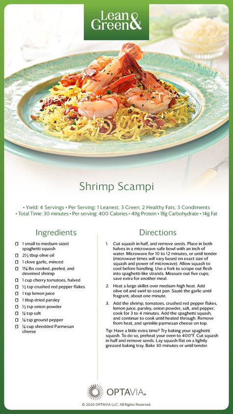 Tender shrimp lightly sautéed in olive oil, seasoned with garlic, red pepper flakes, and parsley, and served over spaghetti squash; is your mouth watering yet? This healthy, low-carb take on shrimp scampi is full of flavor and super easy to make! Shrimp Scampi is a NEW lean & green recipe that makes 4 servings, each with 1 leanest, 2 healthy fats, 3 green, and 3 condiments. Lean Dinners, Medifast Recipes, Lean Protein Meals, Living Simple, Lean And Green, Green Meals, Lean Meals, Lean And Green Meals, Protein Meals