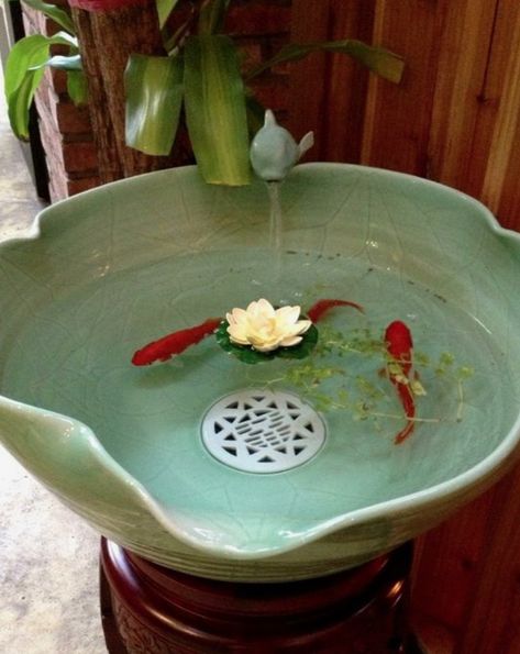 mermaid inspo, airbnb inspo, home sink, japanese zen garden vibes, fish pond sink with lotus Indoor Pond, Taman Air, Indoor Water Features, Indoor Water Garden, نباتات منزلية, Outdoor Fountain, Aquarium Design, Pond Design, Fish Ponds