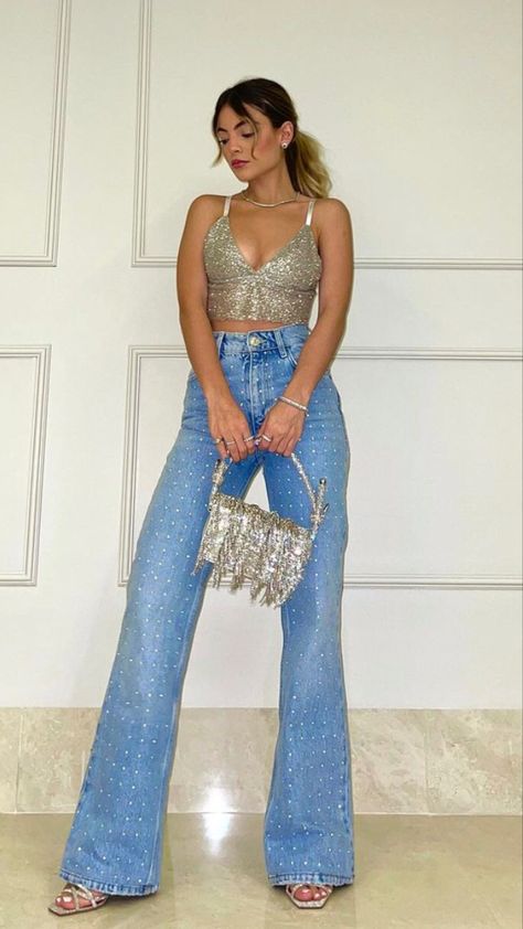 Jeans And Diamonds Party Outfits, Denim And Bling Outfits, Diamonds And Denim Party Outfits, Denim And Rhinestone Outfit, Denim And Pearls Outfits, Denim And Diamonds Party Outfit, Diamonds Outfit, Disco Denim, Glam Party Outfit