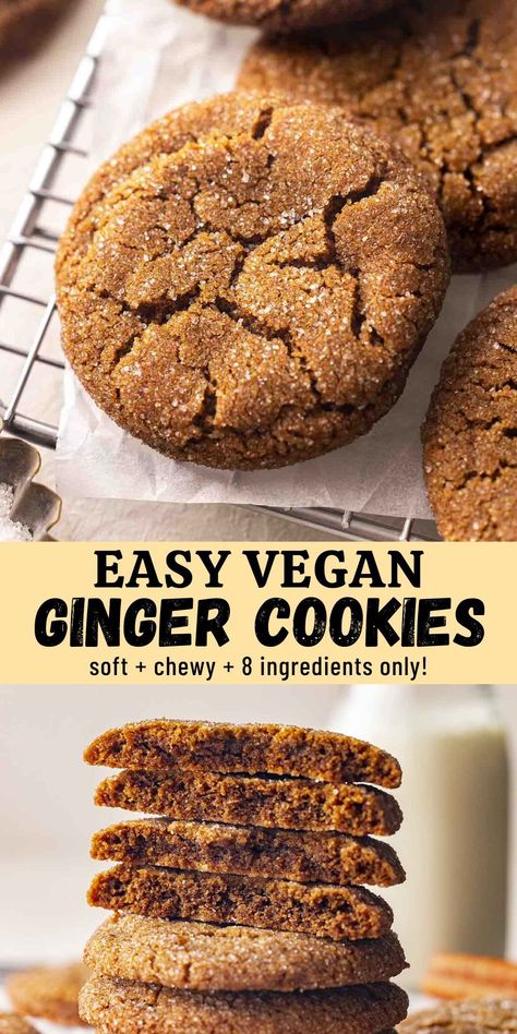 These chewy and soft vegan ginger cookies with crispy edges and lots of ginger flavor. They're easy to make, use only 8 pantry ingredients and come together in one bowl. Rainbow Nourishments, Vegan Ginger Cookies, Vegan Ginger Molasses Cookies, Vegan Molasses Cookies, Cookies 2023, Vegan Holiday Cookies, Healthy Vegan Cookies, Vegan Christmas Desserts, Vegan Gingerbread Cookies