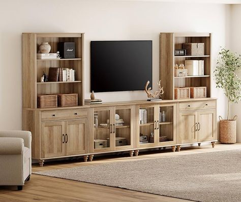 Farmhouse Wall Unit, Entertainment Center With Bookshelves, Entertainment Center Living Room, Wall Unit Tv, Grey Entertainment Center, Bedroom Entertainment Center, Cabinet Entertainment Center, Tv Stand With Doors, Tv Stand With Glass Doors