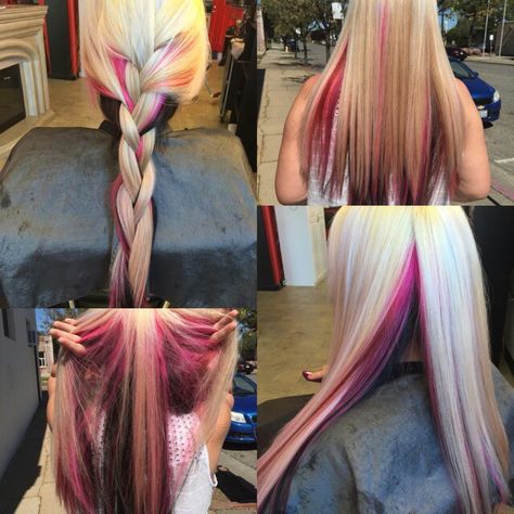 Pink, black, and blonde. Love my hair dresser.... she is amazing Blonde With Black And Pink Highlights, Blonde Pink Black Hair, Blonde Black And Pink Hair, Pink Black Blonde Hair, Black Pink And Blonde Hair, Blonde With Black Peekaboo, Pink Black And Blonde Hair, Blonde Pink And Black Hair, Hair Claim