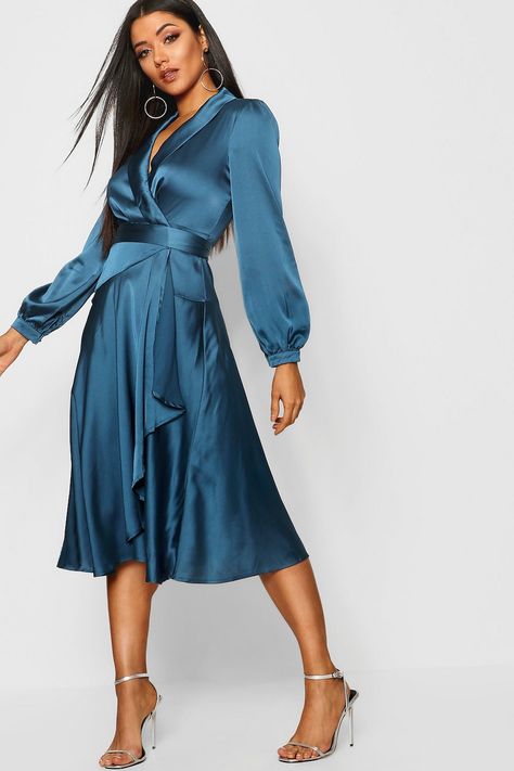 Satin Wrap Detail Midi Skater Dress | boohoo Midi Skater Dress, Satin Wrap Dress, Peplum Tops, Wrap Around Dress, Bodycon Fashion, Heidi Klum, Guest Dresses, Skater Dress, Satin Dresses