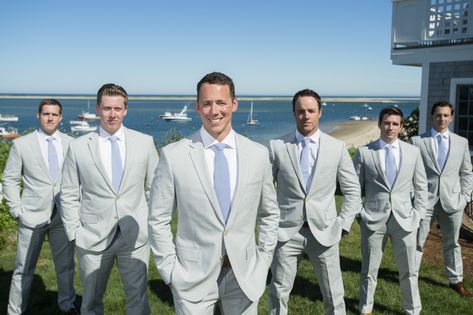 Groom and Groomsmen Dresses in Light Gray Suits with Seersucker Ties Grey Suit With Light Blue Tie, Grey Suit Light Blue Tie, Grey Suit Blue Tie, Light Grey Suit Purple Tie, Heather Grey Tuxedo Wedding, Light Blue Semi-formal Suit With Notch Lapel, Mismatched Groomsmen, Groomsmen Dress, Gray Groomsmen Suits