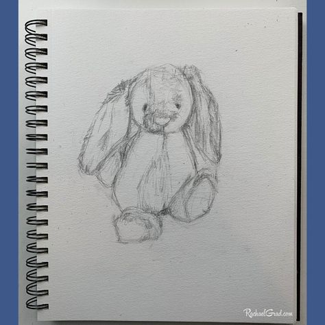 Stuffed Toy Bunny Rabbit, April 2020, Pencil Drawing on Paper by Artist Rachael Grad. I drew my child's toy bunny rabbit in pencil in my sketchbook. This 8.5" x 11" drawing was made from observing the beloved bunny stuffed toy. The bunny's face looks a bit sad. This drawing is signed on the back and ships directly from my Toronto art studio. The "RachaelGrad.com" is only for web purposes. Commission an Original Drawing I am based in Toronto, Canada and I accept fine art commissions worldwide. If What To Draw My Boyfriend, Duck And Bunny Drawing, Jellycat Bunny Drawing, Stuffed Animal Sketch, Stuffed Bunny Drawing, Jelly Cat Drawing, Bunny Stuffed Animal Drawing, Jellycat Drawing, Stuff To Draw In A Sketch Book