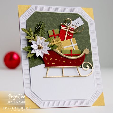 Spellbinders | Elegant Christmas Sleigh Card - Right as Rain Spellbinders Christmas Cards, Elegant Christmas Cards, Joy Christmas Card, Spellbinders Cards, Christmas Sleigh, Diy Christmas Cards, Christmas Cards To Make, Christmas Card Design, Square Card