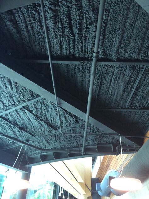 black spray foam insulation Black Spray Foam Ceiling, Painted Spray Foam Insulation Ceiling, Spray Foam Ceiling, Garage Ceiling Insulation, Cathedral Ceiling Insulation, Ceiling Elements, Spray Foam Insulation Kits, Basement Insulation, Exposed Ceiling