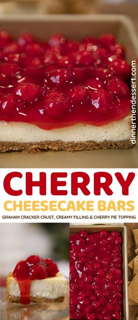 Cherry Cheesecake Bars are creamy NY Cheesecake filling topped with cherry pie filling. #dessert #cheesecake #cheesecakebars #cherrypie #cherrycheesecake #dessertbars #dinnerthendessert Baked Cheesecake Bars, Cheery Cheesecake Recipes, Pioneer Chicken, Cherry Cheesecake Bars, Ny Cheesecake, Dessert Cheesecake, Homemade Graham Cracker Crust, Homemade Graham Crackers, Diy Easy Recipes