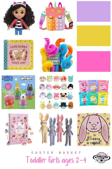 Cute easter basket idea for toddler girls ages 2-4! #easterbasket #easter #gift #giftbasket #bunnybasket #bunny #owala #owalabottle #polaroid #coolgirl #pastel #wobbles #peppapig #gabbysdollhouse #headband #sweets #eastercandy #toddler #toddlerbooks #somebunny #pipes #fidget #fidgettoys #unicorn #princess #amazon #affilatelinks Easter Basket For Toddler, Easter Baskets For Toddlers, Unicorn Princess, Bunny Basket, Easter Candy, Cute Easter, Toddler Books, Gift Bundles, Fidget Toys