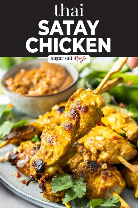 Thai chicken satay is skewers of spiced grilled chicken served with a thick and rich peanut sauce. Amazingly simple to make, you’ll be blown away by the authentic flavour. Satay Marinade, Thai Satay, Chicken Satay With Peanut Sauce, Satay Skewers, Thai Chicken Satay, Sauce Satay, Chicken Satay Skewers, Chicken Satay Recipe, Satay Recipe