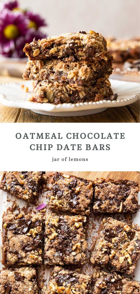 Two images of oatmeal chocolate chip bars. Date Recipes Healthy, Snack At Home, Desserts With Chocolate Chips, Caramel Bites, Date Caramel, Date Bars, Healthy Sweet Snacks, Date Recipes, Oatmeal Chocolate Chip