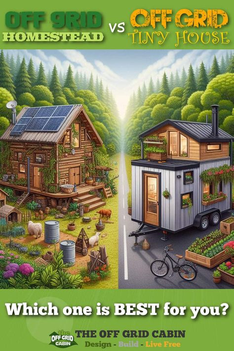 Image of an off grid homestead on one side of the image and an off grid tiny home on the other. Off The Grid Living, Off Grid Trailers, Hydroelectric Generator, Live Off The Grid, Off Grid Tiny House, Off Grid Homestead, Off Grid House, Going Off The Grid, Off Grid Cabin