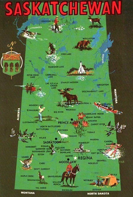 Saskatchewan pictorial map postcard map ... illustrated with provincial symbols and scenic highlights, c. 1960s-1970s, Canada Alternate Maps, Canada Saskatchewan, Canada Life, Capital Of Canada, Canada Map, Canada Eh, Saskatchewan Canada, Pictorial Maps, Big River