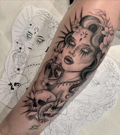 Persephone for the lovely Tami🖤 Always up for a goddess tattoo ✨ Alicesophiatattoos@gmail.com My diary opens on the 2nd of September via booking form 🥰 #goddesstattoo #calftattoo #shintattoo #ladyfacetattoo Greek Goddess Art Persephone, Persephone Goddess Tattoo, Persephone Hades Tattoo, Lilith Tattoo Goddesses, Hecate Goddess Tattoo, Persephone Tattoo Ideas, Hades And Persephone Tattoo, Persephone Tattoo, Greek Goddess Tattoo