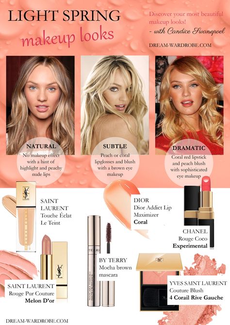 Light Spring Makeup, Candice Swanepoel Makeup, Coral Red Lipstick, Spring Makeup Looks, Light Spring Palette, Light Spring Color Palette, Nude Lip Makeup, Light Spring Colors, Brown Mascara