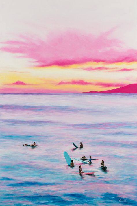 "Board Meeting" oil painting on canvas.  Original painting is 24"W x 36H". Surfers at sunset congregating with a tropical island in the background. Easy Beach Painting, Pink Sunset Aesthetic Painting, Summer Acrylic Painting, Surfing Painting, Sunset Art Painting, Island Sunset Painting, Pink Waves Painting, Sunset And Palm Trees Painting, Beachy Paintings