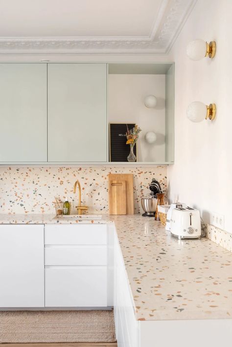 Terrazzo Kitchen Countertops, Kitchen Terrazzo, Terrazzo Countertop, Terrazzo Kitchen, Colorful Terrazzo, Pastel Kitchen, Flat Panel Cabinets, White Modern Kitchen, Kitchen Room Design