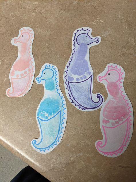 Infant Water Crafts, Footprint Sea Creatures, Seahorse Footprint Art, Ocean Life Art For Toddlers, Ocean Animals Art For Toddlers, Sea Animal Handprint Craft, Ocean Infant Crafts, Blue Handprint Craft, Octopus Footprint Art