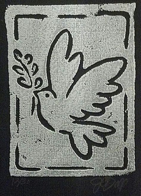 Block print: Peace Dove Linoleum Print Ideas Christmas, Dove Linocut, Dove Doodle, Dove Christmas Card, Knitted Heart Pattern, Peace Logo, Peace Bird, Screen Printing Art, Linoleum Block Printing