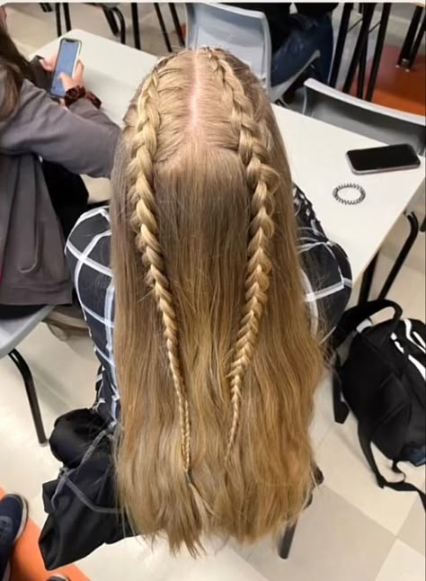 Braids Into Pigtails Half Up, Two Small Dutch Braids On Top Of Head, Half Up Half Down Hair Dance, Football Gameday Hairstyles, Dutch Braided Half Up Half Down Hair, Half Up Half Down Dutch Braid Hairstyles, Double French Braid Half Up Half Down, Half Up French Braid Pigtails, Half Dutch Braid Half Down