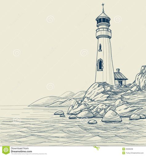 Illustration about Lighthouse on sea shore sketch. Illustration of postcard, landscape, decoration - 25696208 Lighthouse Tattoo Meaning, Lighthouse Sketch, Austin Tattoo, Lighthouse Drawing, Sea Drawing, Lighthouse Tattoo, Lighthouse Painting, Lighthouse Art, Drawing Simple