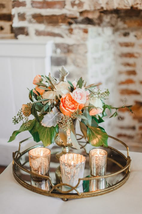 Mirror Tray Wedding Centerpiece, Gold Mirror Centerpiece Wedding, Gold Mirror Tray Decor Ideas, Gold Tray Centerpiece, Votive Centerpieces Wedding, Mirrored Tray Decor, Mirrored Tray Centerpiece, Mirror Tray Decor Ideas, Pink Yellow Orange Wedding