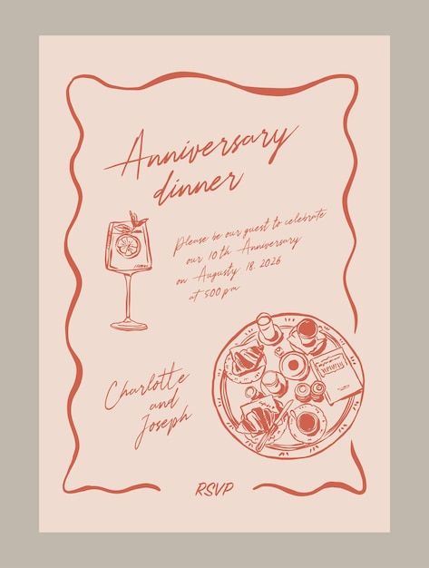 Vector elegant anniversary dinner menu t... | Premium Vector #Freepik #vector Pizza Party Menu, 22th Birthday, Elegant Invitation Design, Graphic Wedding Invitations, Dinner Menu Template, Menu Design Inspiration, Stationary Ideas, Charm Party, Best Fonts