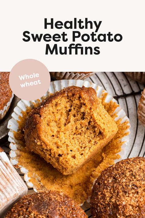 Sweet Potato Muffins Sweet Potato Cakes Healthy, Sweet Potato Baking Recipes, Healthy Sweet Potato Muffins, Winter Flavors, Noom Recipes, Sweet Potato Dessert, Greek Yogurt Muffins, Healthy Sweet Potato, Potato Muffins