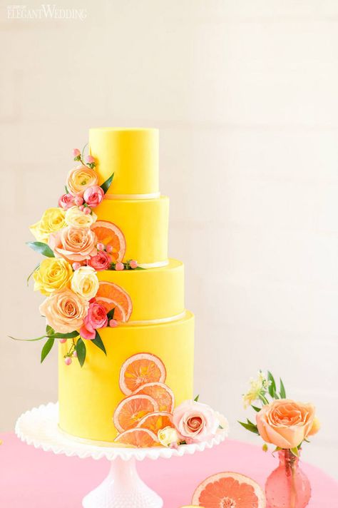 Summer Citrus Wedding, Yellow Wedding Cake, Citrus Wedding, Pink Wedding Inspiration, Indiana Wedding, Wedding Inspiration Summer, Wedding Inspiration Board, Yellow Cake, Wedding Color Palette