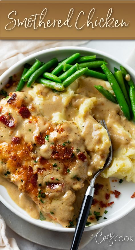 chicken with gravy topped with bacon. Chicken Gravy Meals, Chicken Recipes Mashed Potatoes, Friday Chicken Dinner, Ground Chicken Mashed Potatoes, Home Style Cooking Recipes, Chicken Gravy And Rice Recipes, Chicken Mashed Potatoes And Gravy, Grilled Chicken And Mashed Potatoes, Home Style Recipes