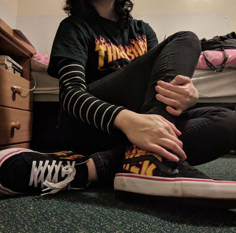 THRASHER. Blake and white striped long sleeve under shirt. Thrasher flames t-shirt and Vans. Black skinny jeans. Striped Under Shirt Outfit, Striped Shirt Under Shirt, Striped Long Sleeve Under Shirt Outfit, Long Sleeve Under T Shirt, Striped Long Sleeve Shirt Outfit Grunge, Thrasher Tshirt Outfit, Thrasher Shirt Outfit, Striped Sweater Outfit Grunge, Long Sleeve Under Shirt