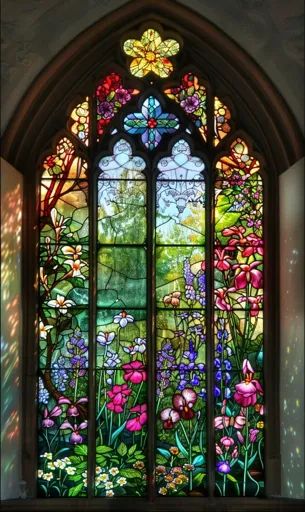 ↑↑↑ Larger size on website 🔸 A large stained glass window depicting a garden scene. The window is divided into four sections, eac 🔸 From Midjourney AI Image Stained Glass Windows Aesthetic, Large Stained Glass Window, Stained Glass Window Drawing, Stained Glass House, Window Drawing, Stained Glass Church, Red Petals, Tiffany Stained Glass, Art Stained