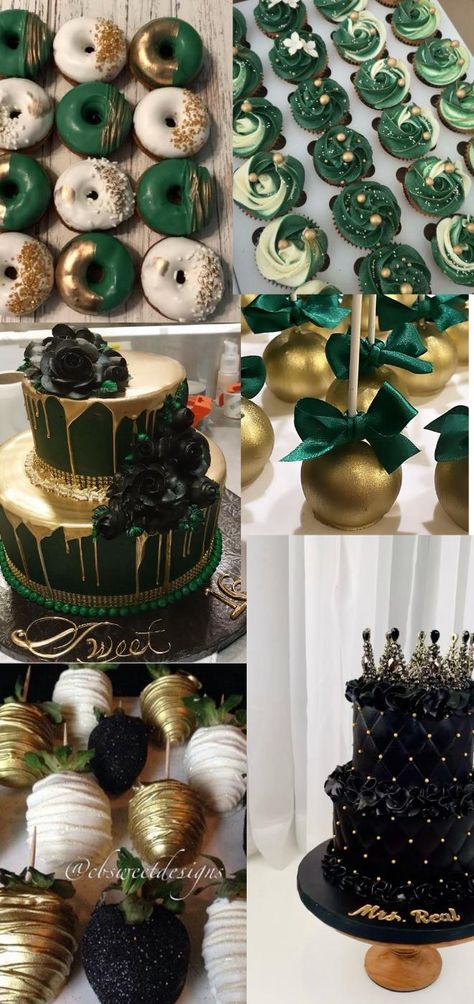 Graduation Party Ideas Emerald Green, Emerald Green Theme Wedding Cake, Green And Gold Birthday Theme, Green Black And Gold Party Decor, Green Cake Pops Ideas, Forest Green Sweet 16 Theme, Green And Gold 40th Birthday, Sweet 16 Party Ideas Green And Gold, Emerald Birthday Party