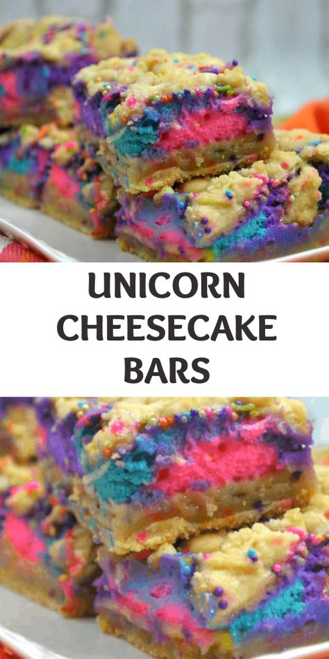 Unicorn Cheesecake, Goodies Recipes, Fancy Deserts, Rainbow Cheesecake, Cheesecake Bar, Unicorn Desserts, Baked Breads, Cheesecake Bar Recipes, Amazing Desserts