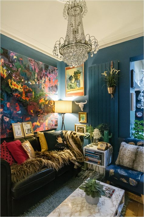 dark-maximalist-blue-living-room-eclectic-cosy-lily-sawyer-photo Tattoos Unique Meaningful, Apartment Kitchen Essentials, Maximalist Interior Design, Bar Ideas For Home, Green Bedroom Aesthetic, College Apartment Kitchen, Small Room Organization, Organization Apartment, Blue Bedrooms