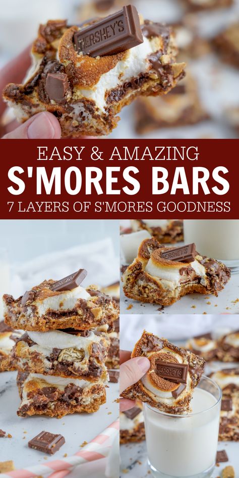 Easy S'mores Bars! Amazing and Easy 7 Layer S'mores Bars that are perfect for Summer or any S'mores Dessert Recipe! No need for a campfire, these S'mores are delicious and packed with Graham Crackers, Chocolate, and Marshmallows! #lemonpeony #s'mores #s'moresbars #s'moresdesserts S’mores Bars, Dessert Recipes For A Crowd, Easy Smores, Lemon Cookies Easy, Easy Bar Recipes, Crumble Cookie, S Mores Bars, Easy S, Smores Dessert