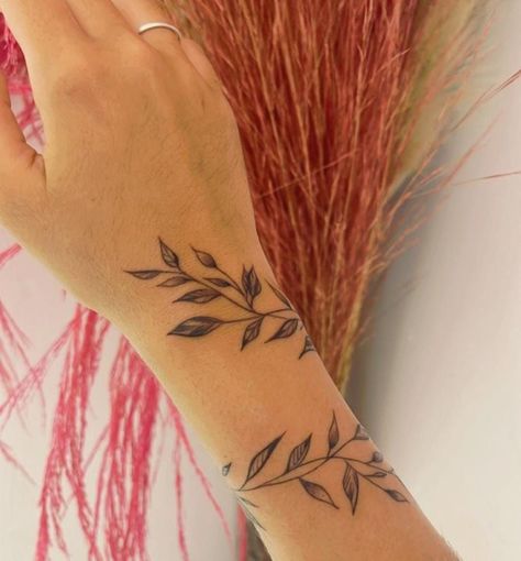 Leave Wrap Around Arm Tattoo, Greenery Wrap Around Tattoo, Leaf Hand Tattoos For Women, Leaf Wrist Tattoos For Women, Leaves Around Arm Tattoo, Arm Leaf Tattoo, Leaf Bracelet Tattoo, Leaf Wrist Tattoo, Leaf Wrap Around Tattoo Arm