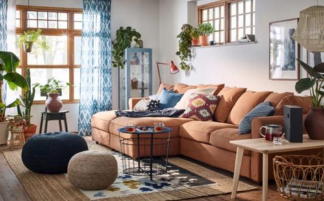 10 Colorful Living Room Ideas to Steal From IKEA Gronlid Sofa, Sofa Kulit, Brown And Blue Living Room, Brown Sofa Living Room, Funky Living Rooms, Brown Living Room Decor, Ikea Sofas, Sofa L, Ikea Living Room