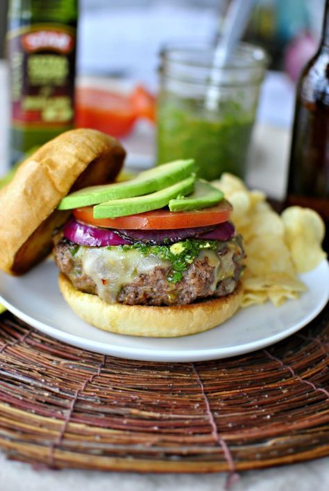 Spicy Chimichurri Burger | www.SimplyScratch.com Chimichurri Burger, Ground Beef Seasoning, Cheeseburger Recipe, Big Burgers, Summer Cooking, Good Burger, Burgers Sandwiches, Sloppy Joes, Burger Recipes