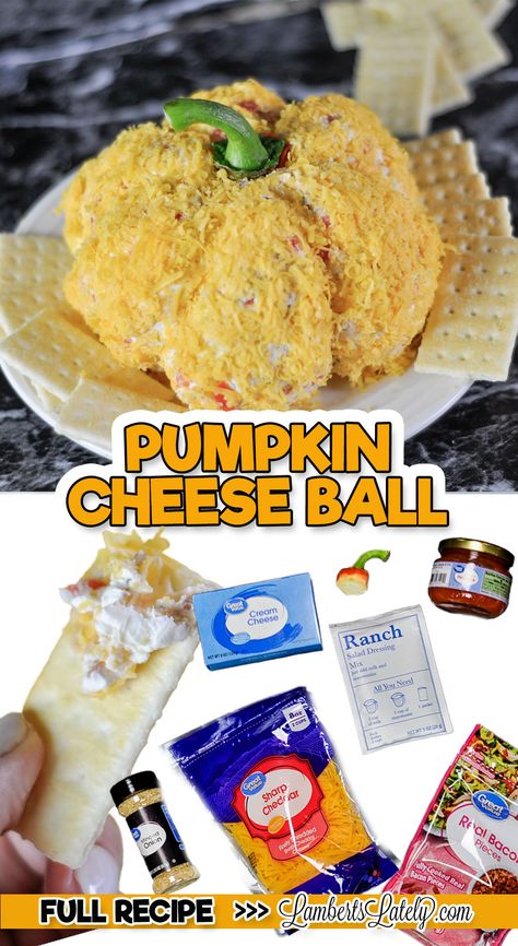 pumpkin cheese ball, with picture of ingredients. Cheese Ball With Bacon, Pumpkin Shaped Cheese Ball, Pumpkin Cheese Ball Recipe, Bacon Cheeseball Recipes, Bacon Ranch Cheeseball, Halloween Cheese Ball, Halloween Party Mix, Pumpkin Cheese Ball, Instant Pot Freezer Meals