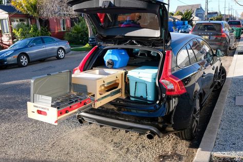 Cooler-size Nomad Kitchen box helps turn 4x4 or wagon into a proper RV Wagon Camping, Station Wagon Camper, Wagon Camper, Station Wagon Camping, Prius Camping, Volvo Station Wagon, Camp Kitchen Box, Kombi Camper, Kitchen Box