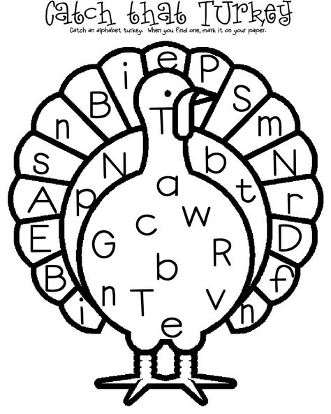 alphabet turkey hunt- put letters around the room.  When children find the letter, use a bingo dotter to mark the letter off on the turkey Turkey Hunt, November Classroom, Thanksgiving Kindergarten, Thanksgiving School, Thanksgiving Classroom, Thanksgiving Preschool, Fall Kindergarten, Kindergarten Fun, Fall Preschool